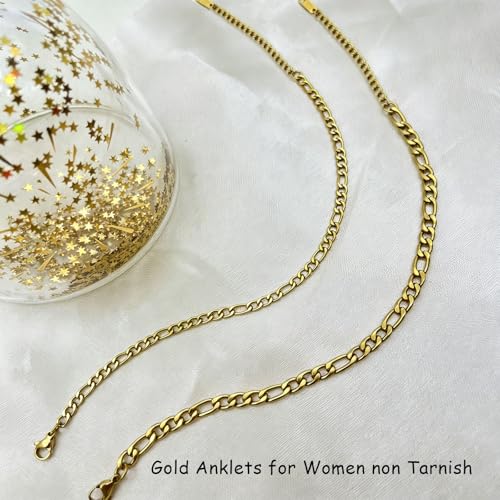 Gold Cuban Ankle Bracelets for Women 14K Gold Plated Cuban Link Anklet Chunky Dainty Adjustable Gold Anklet for Women Anklet Set Stackable Figaro Cuban Link Anklets Beach Jewelry - color: gold/Figaro chain