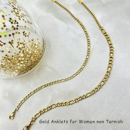 Gold Cuban Ankle Bracelets for Women 14K Gold Plated Cuban Link Anklet Chunky Dainty Adjustable Gold Anklet for Women Anklet Set Stackable Figaro Cuban Link Anklets Beach Jewelry - color: gold/Figaro chain