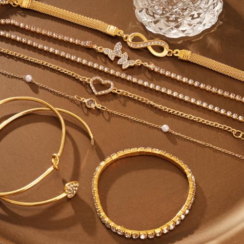 Golden Bangle Bracelets Set for Women, 14k Gold-Plated Multi Layer Stackable Cuff Bracelets, Personalized Boho Non Tarnish Adjustable Bangle Jewelry Gift for Her - color: 8PCS Gold Heart Bracelet