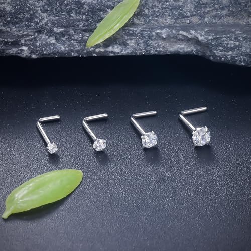 ASTM F136 Titanium Nose Rings 18G 20G 22G Clear Round Cubic Zirconia Nose Studs Ring Screw L-Shaped Bone Hypoallergenic Body Piercing Jewelry for Women 1.5mm 2mm 2.5mm 3mm 4PCS - style: L-Shaped:22G(0.6mm)
