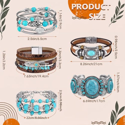 6 Pcs Turquoise Bracelet for Women Leather Bracelet Western Jewelry for Women Multilayer Boho Cuff Bangle Set - style: Retro