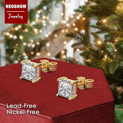 Princess Cut Cubic Zirconia Stud Earrings for Men Women | Square CZ Simulated Diamond Studs, 18K White Gold Plated Sterling Silver, Hypoallergenic - color: Gold, size: 4MM