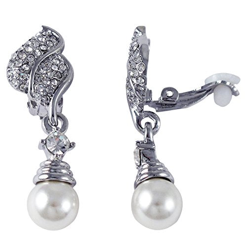 Rhodium Finish Faux Pearls Pave Crystals Dangle Clip On Earrings