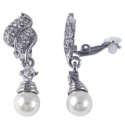 Rhodium Finish Faux Pearls Pave Crystals Dangle Clip On Earrings