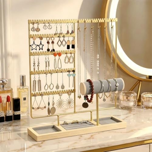 Jewelry Organizer Earring Holder Organizer,6 Tier Jewelry Holder Bracelet Holder Necklace Holder with 6 Hooks,Jewelry Stand for Bracelet, Necklaces, Earrings, Rings, Watches,Gold