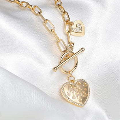 DoreenBeads 18K Gold Sun Moon Star Compass Pendant Necklace | Chunky Toggle Paperclip Chain Necklace with Heart Daisy Bee Charms for Women Girls 20 Inches - color: Love Heart Duo
