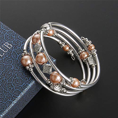 Beaded Pearl Bangle Wrap Bracelet - Fashion Bohemian Jewelry Multilayer Charm Bracelet with Thick Silver Metal Beads, Gift For Women - color: Champagne