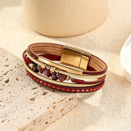 Wrapped Bracelets for Women,Leather Boho Bracelets for Women - color: Stone-Red