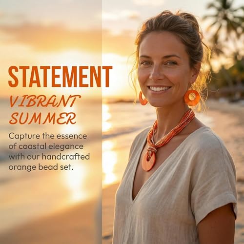 Coiris Multi Strand Statement Colorful Beaded Necklace with Big Circle Shell Pendant for Women - color: Orange