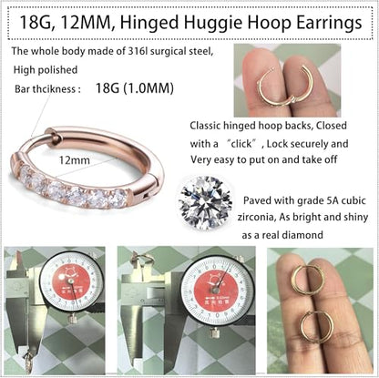 Hypoallergenic Unisex Surgical Steel Small Cubic Zirconia Huggie Hoop Earring, Color Gold - Silver - Rose Gold - Black - Rainbow, Size 6mm- 12mm Safe for Sensitive Ear - style: H01 : 12MM Rose Gold Hoops(2mm thickness)