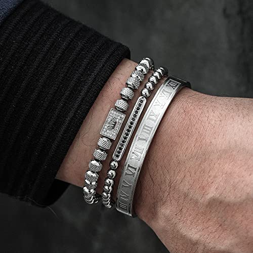WFYOU 3PCS Stainless Steel Imperial Crown Bracelets for Men Gold Roman Numeral Bangle Bracelet Adjustable Cuff Bracelet Mens Luxury Jewelry Gifts - style: 04:silver-Small Crown