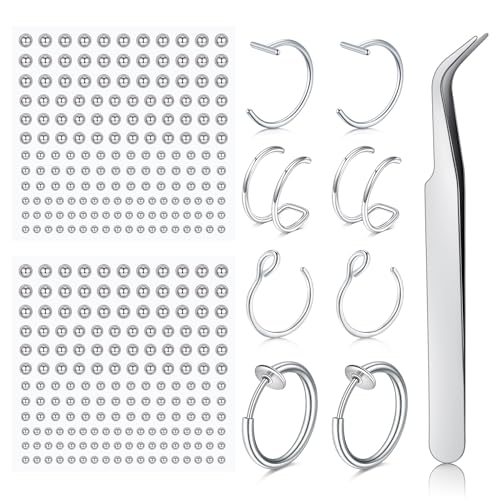 Fake Eyebrow Ring Fake Lip Labret Studs Replacement Balls Spike with 100pcs Sticker Non-Piercing Body Jewelry Fake Skin Piercing - color: C2 -Silver