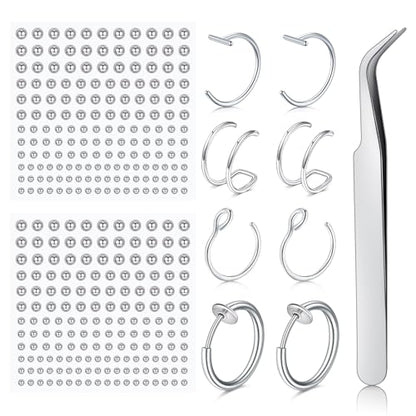Fake Eyebrow Ring Fake Lip Labret Studs Replacement Balls Spike with 100pcs Sticker Non-Piercing Body Jewelry Fake Skin Piercing - color: C2 -Silver