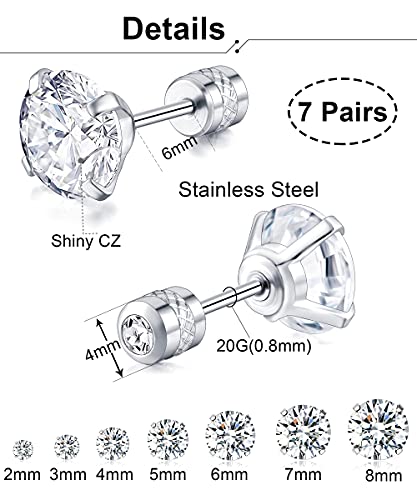 7 Pairs 18G 20G Stainless Steel Stud Earrings Round Cubic Zirconia Barbell Earring Set For Men Women 2MM-8MM Silver Tone - style: G:7 Pairs, Double Round CZ, 20G