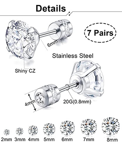7 Pairs 18G 20G Stainless Steel Stud Earrings Round Cubic Zirconia Barbell Earring Set For Men Women 2MM-8MM Silver Tone - style: G:7 Pairs, Double Round CZ, 20G