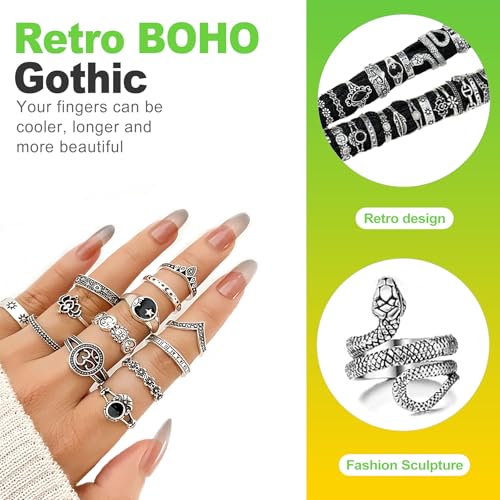 42 Pcs Vintage Gothic Ring Set for Men and Women Adjustable Punk Stackable Knuckle Rings with Skull Snake Heart Star Flower Design for Midi Fingers