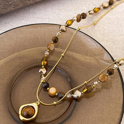 Tiger Eye Layered Necklace for Women Brown Beaded Gold Pendant Boho Western Double Layer Necklace Chain Vintage Aesthetic Jewelry Gift
