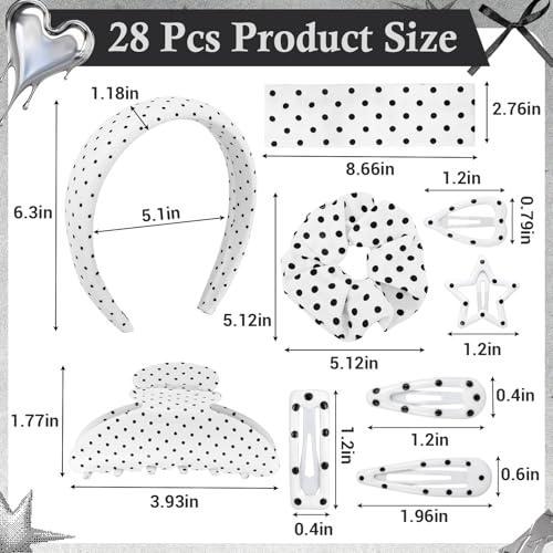 JATEBI 28 Pcs Polka Dot Hair Accessories Kit for Women Includes Fashion Headband, Elastic Band, Claw Clip, Mental Clips, Scrunchie, Ideal Polka Dot Hair Gift for Women Girls