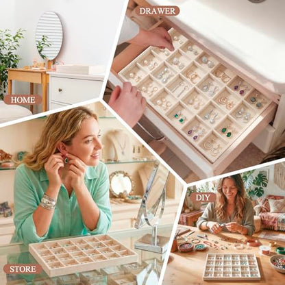 Cinnvoice 2 Pcs Stackable Jewelry Organizer Tray for Drawer, 24 Grids Velvet Earrings Ring Tray for Selling Earring Necklace Bracelet Showcase Display Organizer (Beige)