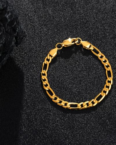 Stainless Steel 5 mm Figaro Link Chain Bracelet (6.5-8 Inches) | Diamond-Cut Figaro Chain Bracelet 5 mm for Men and Women 18K Gold & Silver - size: 18K Gold One Size