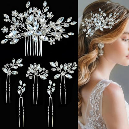 6 pcs Wedding Hair Accessories Bridal Hair Pins Silver Rhinestone with Pearls Hair Pieces for Brides Women Girls - color: Silver B