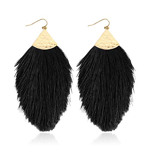 Bohemian Silky Thread Fan Fringe Tassel Statement Earrings - Lightweight Strand Feather Shape Dangles - color: Feather Fringe - Black
