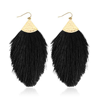 Bohemian Silky Thread Fan Fringe Tassel Statement Earrings - Lightweight Strand Feather Shape Dangles - color: Feather Fringe - Black