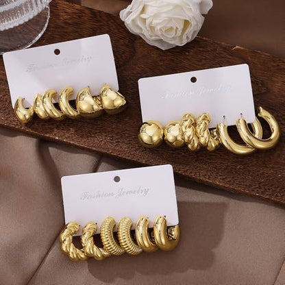 IFKM 24 Pairs Gold Hoop Earrings Set for Women Hypoallergenic Chunky Chain Twisted Open Hoops Dangle Earring Packs for Birthday Party Christmas Fashion Jewelry Gift - color: 9 Pairs Gold