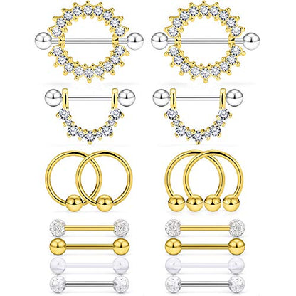 Cisyozi 16G 14G Nipple Piercing Jewelry Tongue Rings Hypoallergenic Surgical Steel Screw Nipple Tongue Shield Ring Barbell Body Piercing Jewelry Retainer for Women 9/16 Inch 14mm - color: C:14G(1.6MM)-8Pairs - Gold