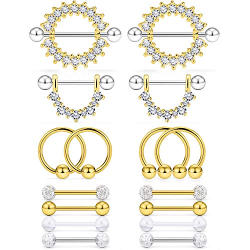 Cisyozi 16G 14G Nipple Piercing Jewelry Tongue Rings Hypoallergenic Surgical Steel Screw Nipple Tongue Shield Ring Barbell Body Piercing Jewelry Retainer for Women 9/16 Inch 14mm - color: C:14G(1.6MM)-8Pairs - Gold