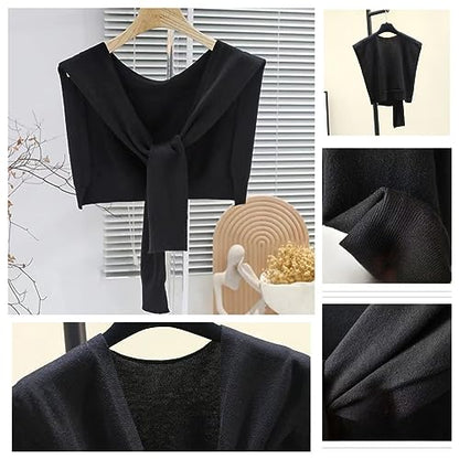 WaJuemy Women's Sweater Shawl Wraps Sleeves Knitted Collar Sweater Scarf Top Casual Lightweight Shoulder Cape Accessories - color: 01 Black X