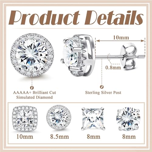 MILACOLATO S925 Sterling Silver Stud Earrings for Women Men Hypoallergenic 18K Gold Plated Cubic Zirconia Earrings Studs Brilliant Simulated Diamond Halo Earring for Sensitive Ears - style: 18K White Gold Plated Earrings - Standard Size CZ