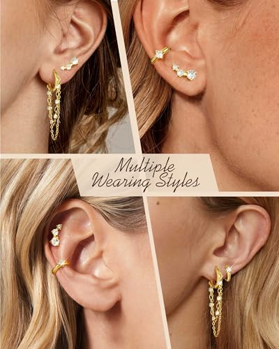 Tassel Chain Small Gold Hoop Dangle Earring For Women Huggie Earring Heart Star CZ 14K Gold Plated Fashion Jewelry Graduation Gift for Her Mothers Day Gifts for Mom - color: Gold-3 Pairs A