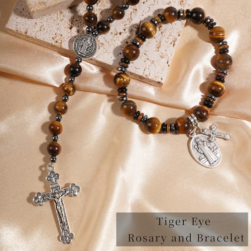 Rosary for Men Women, Natural Stone Beads with St. Benedict Bracelet | 8 mm Natural Stone Prayer Beads with 10 mm Accent Beads, St. Benedict Crucifix, Matching Bracelet, Gift Box and Pouch. - color: Tiger Eye