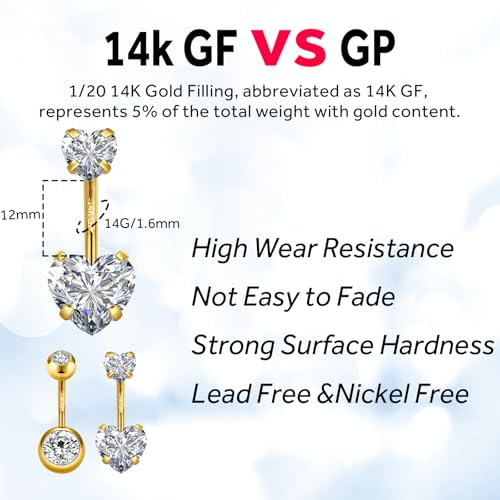 2pcs 14k Gold Filled Belly Button Rings, 14G 8mm/10mm/12mm Threaded Barbell Belly Button Piercing, Navel Ring Piercing Jewelry - color: 14K GF-2pcs-Heart CZ-12mm