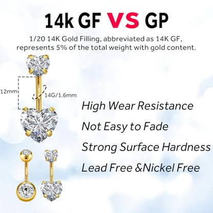 2pcs 14k Gold Filled Belly Button Rings, 14G 8mm/10mm/12mm Threaded Barbell Belly Button Piercing, Navel Ring Piercing Jewelry - color: 14K GF-2pcs-Heart CZ-12mm