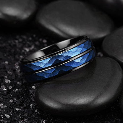 King Will Men's Tungsten Carbide Wedding Ring Hammered Groove Wedding Band Mens Two Tone Engagement Ring for Men and Women Matte Brushed Finish Comfort Fit - color: 8mm Blue & Black - Groove