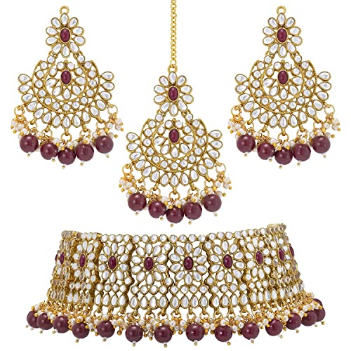 Aheli Faux Pearl Choker Necklace with Earrings Indian Traditional Bollywood Jewelry Set Gift for Women - color: Maroon