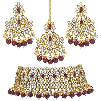 Aheli Faux Pearl Choker Necklace with Earrings Indian Traditional Bollywood Jewelry Set Gift for Women - color: Maroon
