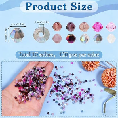 1200Pcs 4mm 10 Colors Faceted Crystal Glass Bicone Beads Loose Bead for DIY Bracelet Necklace Earring Keychain Jewelry Making,Purple - color: Purple