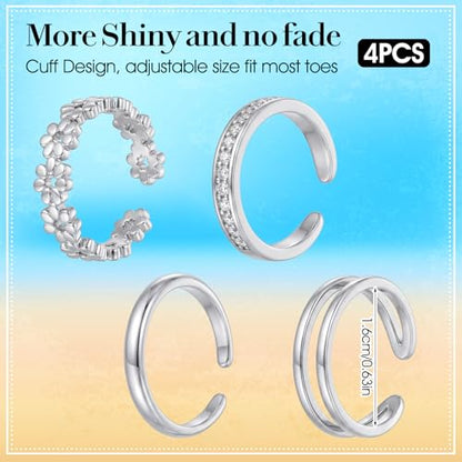 Tyqour Silver Toe Rings for Women Stainless Steel Toe Rings Adjustable Ring Set of 4 Non Tarnish Toe Rings Silver for Summer Beach Jewelry
