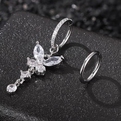 THUNARAZ 14G Hoop Belly Button Rings for Women CZ Clicker Navel Piercing | Surgical Stainless Steel Belly Navel Rings, Hoop Heart Butterfly Dangle Belly Piercing Jewelry - color: Silver Tone-Dangle Butterfly
