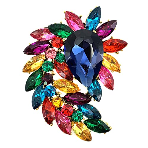 SELOVO Marquise Shape Rhinestone Red Leaf Costume Brooch Pin Jewelry Antiqued Gold Tone - color: Multicolor