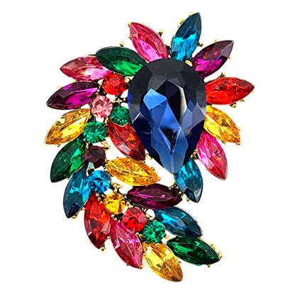 SELOVO Marquise Shape Rhinestone Red Leaf Costume Brooch Pin Jewelry Antiqued Gold Tone - color: Multicolor