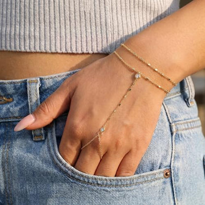 14K Gold Hand Chain Ring Bracelet-SM - style: Dual Chain