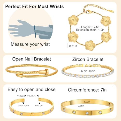 YOUNGGRACE 18K Gold Plated Womens Stackable Bracelets Set 4 Pcs – Love Bangle, Nail Bracelet, Clover & CZ Tennis Bracelet, Non Tarnish Hypoallergenic Stainless Steel Gold Layered Jewelry Gift for Her - color: Gold Floral