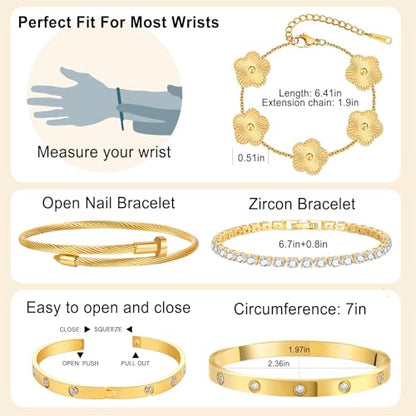 YOUNGGRACE 18K Gold Plated Womens Stackable Bracelets Set 4 Pcs – Love Bangle, Nail Bracelet, Clover & CZ Tennis Bracelet, Non Tarnish Hypoallergenic Stainless Steel Gold Layered Jewelry Gift for Her - color: Gold Floral