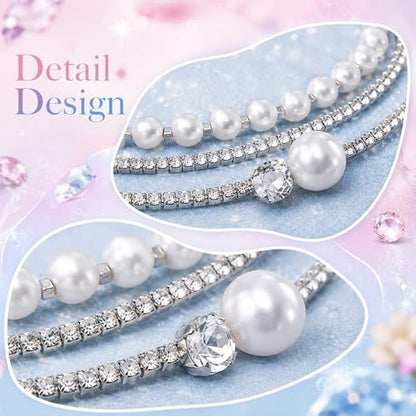 3-Layered Rhinestone Pearl Choker Necklaces for Women, Vintage Silver Necklace Prom, Multi Strand Pearl Necklace Choker for Women Wedding Bride