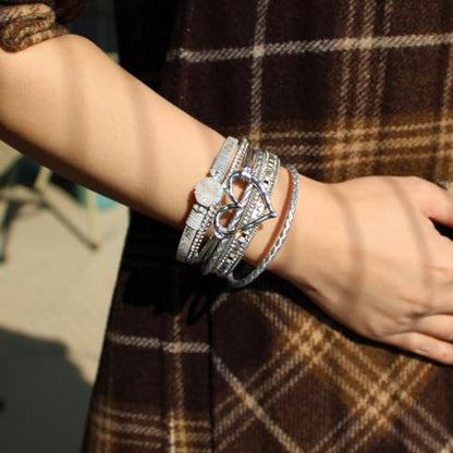Womens Love Heart Leather Wrap Bracelet Multi-layer Stacked Bangle | Magnetic Clasp Soft PU Leather Resin Stone Rhinestone Boho Style Birthday Valentine Christmas Bohemian Jewelry Gift - color: Silver