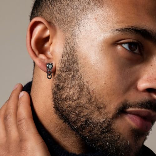 Black Moissanite Stud Earrings for Men Women with Dangling Cuban Links Hypoallergenic Punk Hoop Earrings Mens Jewelry Gifts - color: B- 1.6 carats-(0.8ct*2)-6mm-Round Moissanite Studs